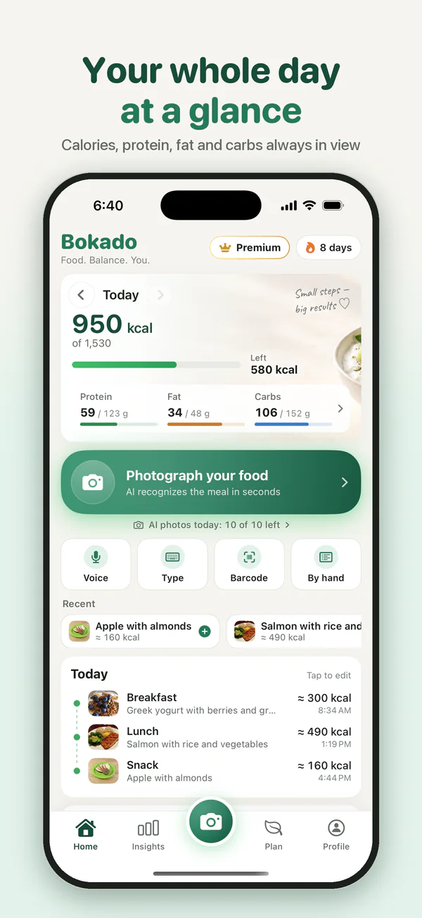 Your whole day at a glance: calories, protein, fat and carbs always in view.