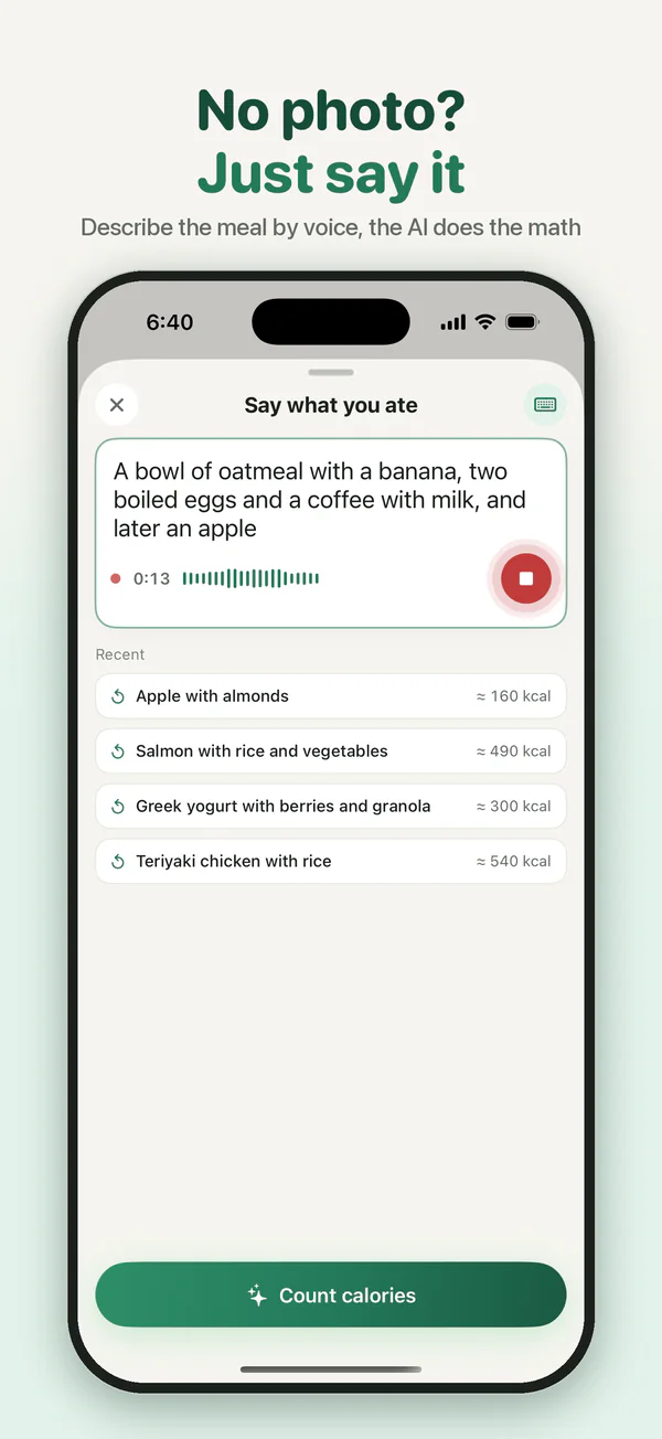 No photo? Just say it: describe the meal by voice and the AI does the math.