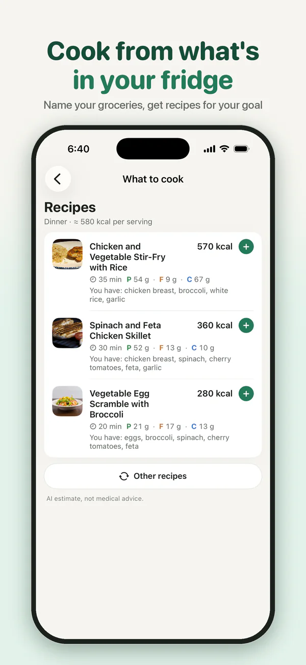 Cook from what's in your fridge: name your groceries and get recipes for your goal.