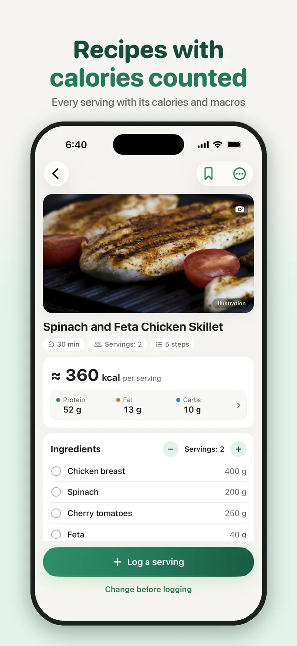 Recipes with calories counted: every serving with its calories and macros.