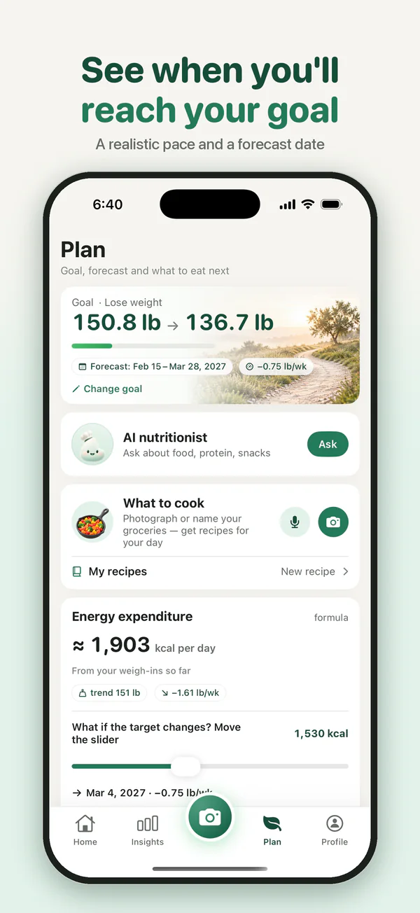 See when you'll reach your goal: a realistic pace and a forecast date.