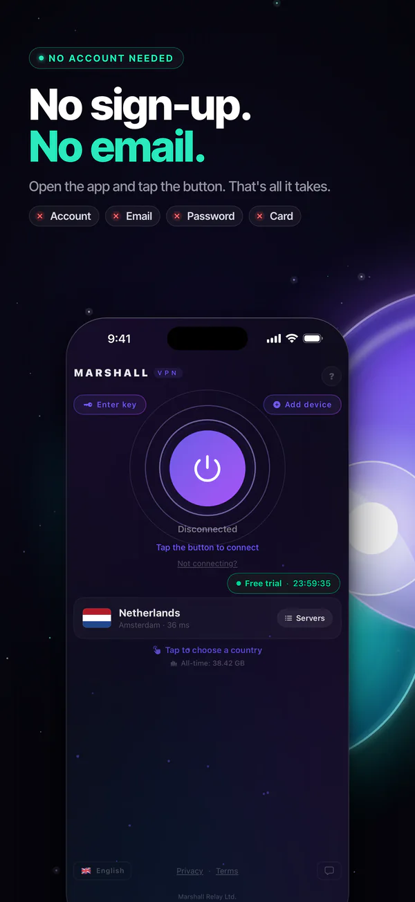 No sign-up, no email: open the app and tap the button.