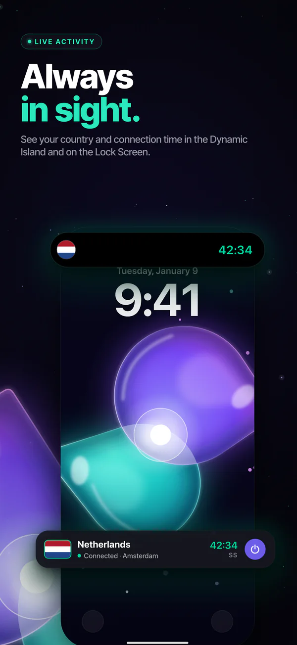 Always in sight: country and connection time in the Dynamic Island and on the Lock Screen.