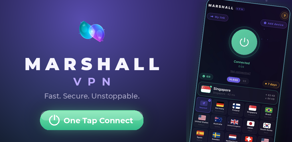 Marshall VPN app interface showing one-tap connect and a worldwide server list